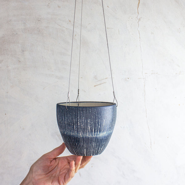 Painterly Blue Steel -  Med Rounded Hanging Planter