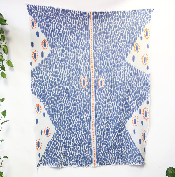 Tangerine Mask Hand Painted Linen Throw or Wallpiece - Indigo & Tangerine