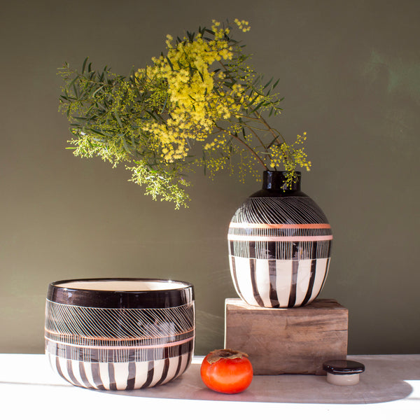 Textured Weave Bowl // Planter  - Black, Nasturtium & Dusty Pink