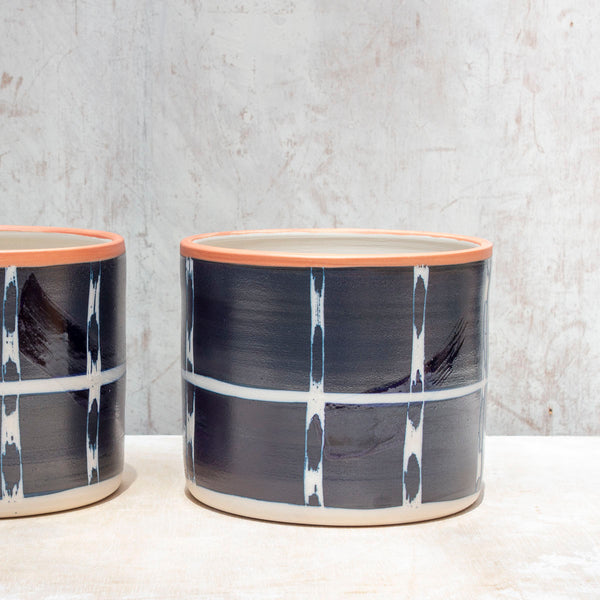 Vertical Tracks with slip brushstrokes Large Planter - Blue Steel & Nasturtium