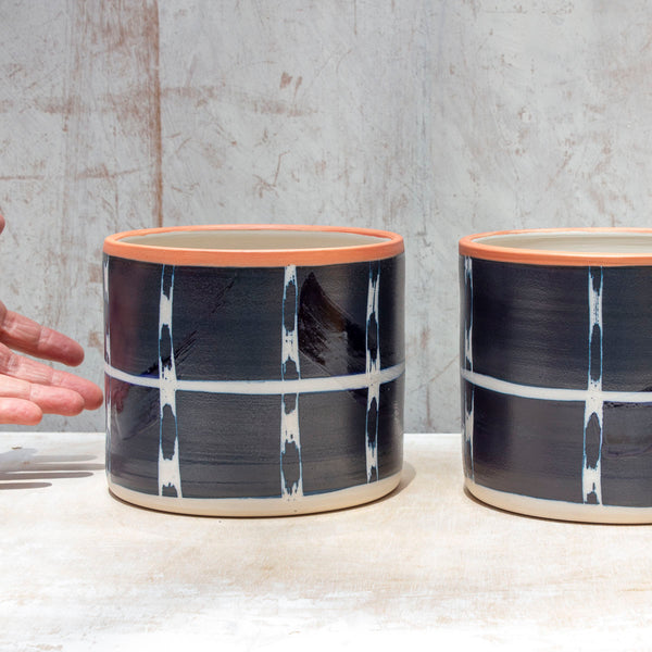 Vertical Tracks with slip brushstrokes Large Planter - Blue Steel & Nasturtium