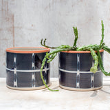 Vertical Tracks with slip brushstrokes Large Planter - Blue Steel & Nasturtium