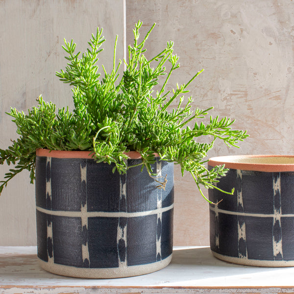 Textured Vertical Tracks Large Planter - Blue Steel & Nasturtium