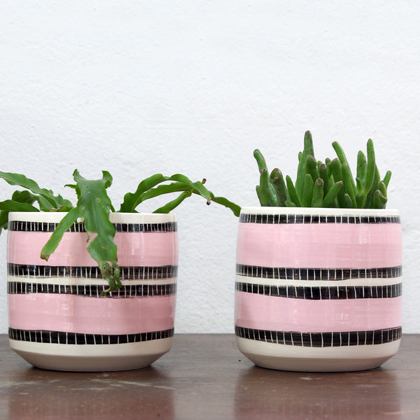 Stitched Up Med Planter - Black & Dusty Pink