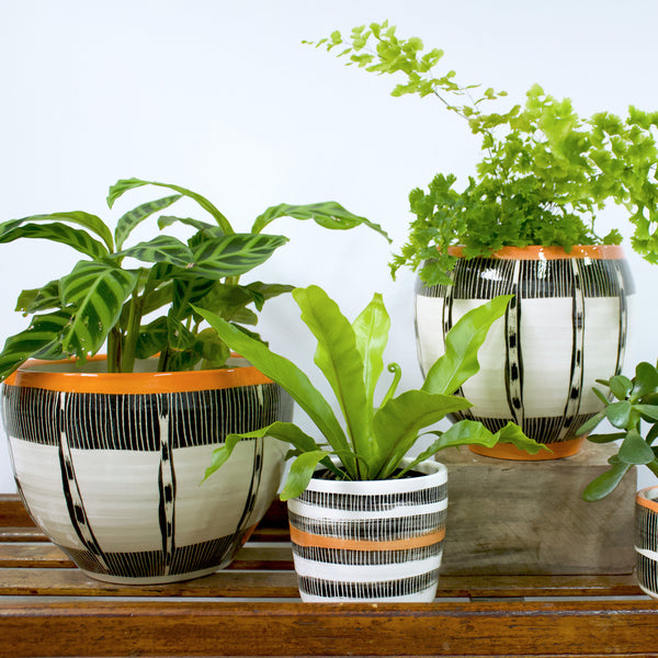 Ikat Stripe Orb Vessel - Black & Nasturtium