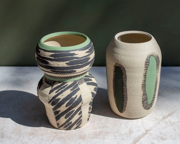 Ikat Stripe - Moss Contoured Vase