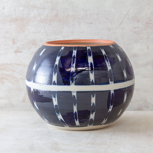 Textured Vertical Tracks Orb Vessel with slip decoration - Blue Steel & Nasturtium