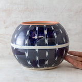Textured Vertical Tracks Orb Vessel with slip decoration - Blue Steel & Nasturtium