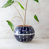 Textured Vertical Tracks Orb Vessel with slip decoration - Blue Steel & Nasturtium