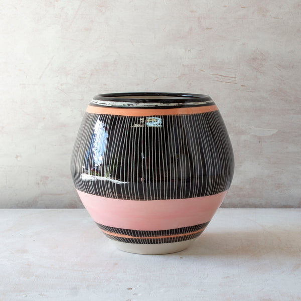 Stripey Liquorice All Sorts Orb Vessel - Black, Dusty Pink & Nasturtium