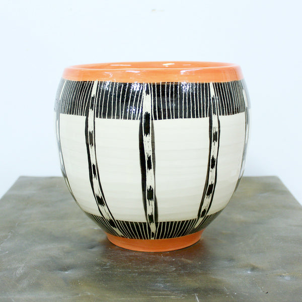 Ikat Stripe Orb Vessel - Black & Nasturtium