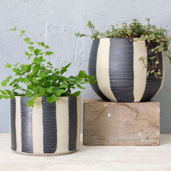 Stripe Blue Steel rounded Vessel // Planter