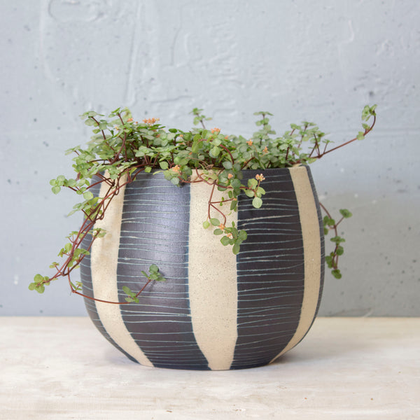 Stripe Blue Steel rounded Vessel // Planter