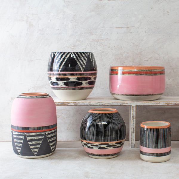 Tri Burst Orb Vessel - Black, Dusty Pink & Nasturtium