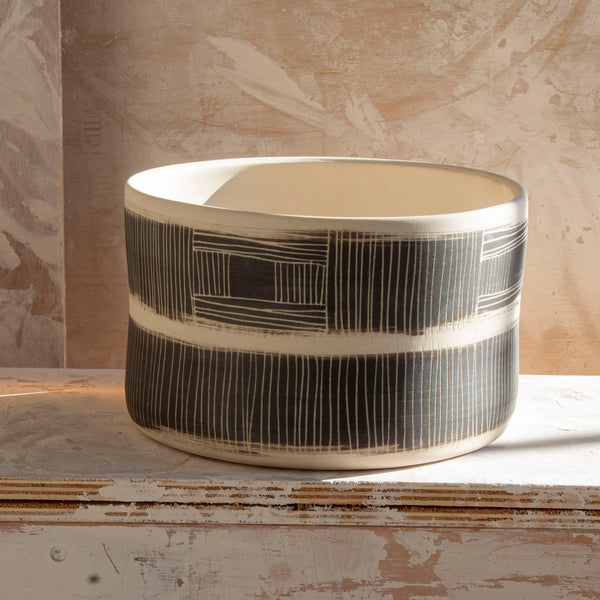 Textured Linear Stripe Low Vessel // Planter - Black