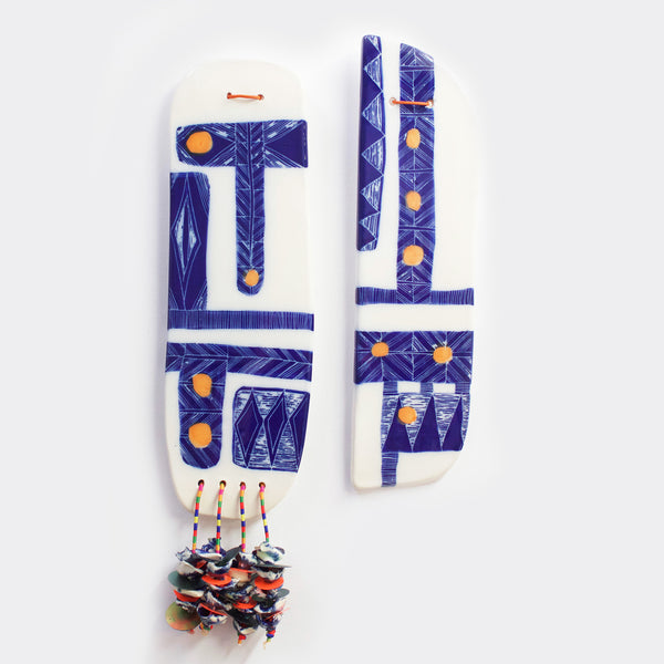 Woven Grafik Ceramic Wall Piece With Embellishments - Indigo & Marigold
